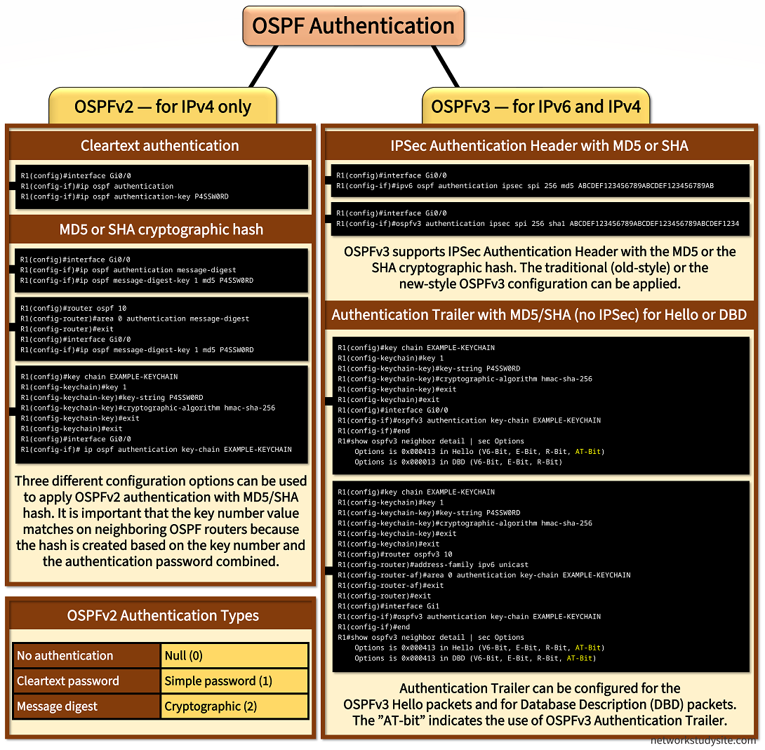 Infographic about OSPF authentication configuration for IPv4 and IPv6